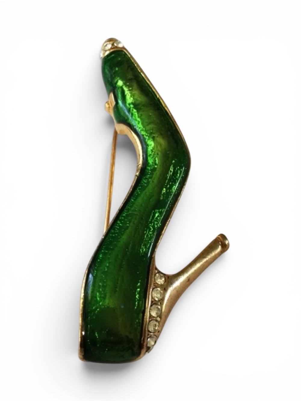 Vintage Green Enamel High‑Heel Shoe Brooch - Gold‑Tone w/ Rhinestones - Picture 8 of 11